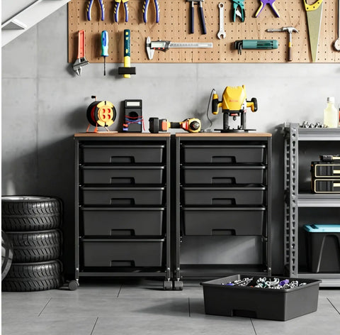 Garage with Five Tier Rolling Storage Cart With Wood Top On Wheels For Home Office Classroom Craft Room And Kid Room Mobile Drawer Trolley With Two Big Drawers And Three Small Drawers Black