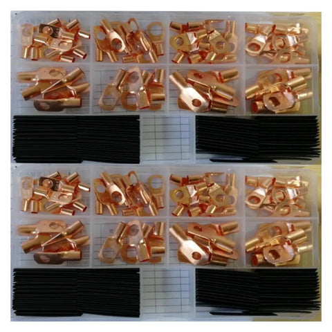 Heavy Duty 140CPS Copper Ring Terminals For Car Auto Battery Wiring Plus Soldered Connectors Kit Heat Shrink Tubes, copper terminals and black shrink tubes in organizer