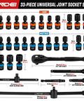 33-piece socket set with wobble sockets and ratchet handle, SAE and metric sizes, with extension bars and mini sliding bar.