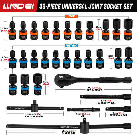 33-piece socket set with wobble sockets and ratchet handle, SAE and metric sizes, with extension bars and mini sliding bar.