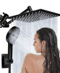 8 Inch Square Rain Shower Head With Handheld Spray Combo And Adjustable Extension Arm Three Way Flow Regulator High Pressure Hose Matte Black Shower System For Home Spa Vibe, woman enjoying shower