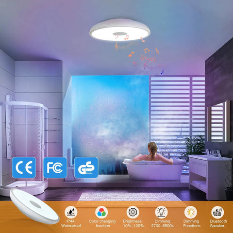 Waterproof LED Flush Mount Ceiling Light With Bluetooth Speaker IP44 11 Inch 18W Dimmable RGB Color Changing Lamp installed in bathroom