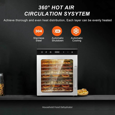 Silent Ten Tray Food Dehydrator Machine Smooth Eight Hundred Watt Electric Kitchen Appliance with 360° hot air circulation
