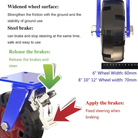 Heavy Duty Garage Casters With Hard As Nails Solid Rubber Tires And Bulletproof Steel Wheel Hub showing steel brake mechanism and dimensions.