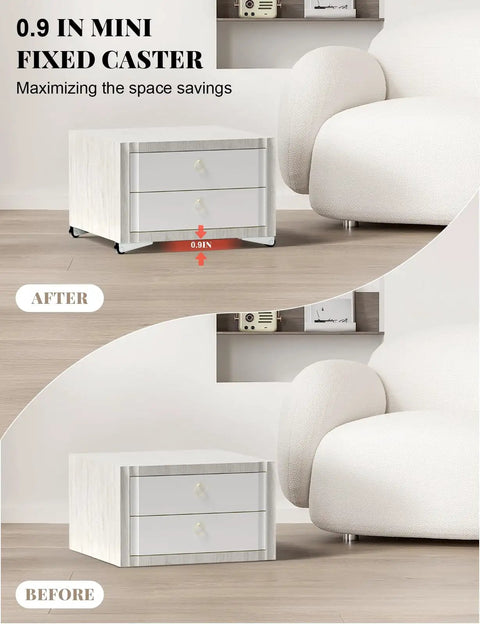 Eight Pack Nifty Low Profile Rigid Caster Wheels Slick Rollin Zero Hassle Mounting on mini furniture drawer for easy glide.