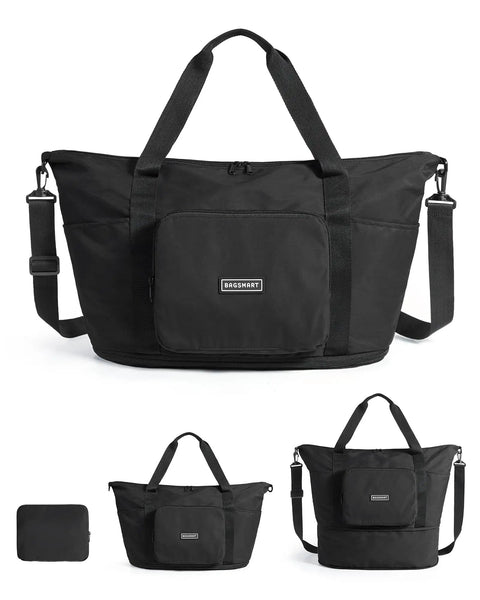 Foldable 37L Travel Bag That Expands Into A Spacious Weekender For Women, Lightweight Under Seat Airline Approved Personal Item, Black