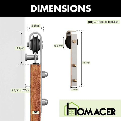 Brushed Nickel Non-Bypass Sliding Barn Door Hardware Kit For One Door, 7.5ft Flat Track System, Classic Roller Design, dimensions