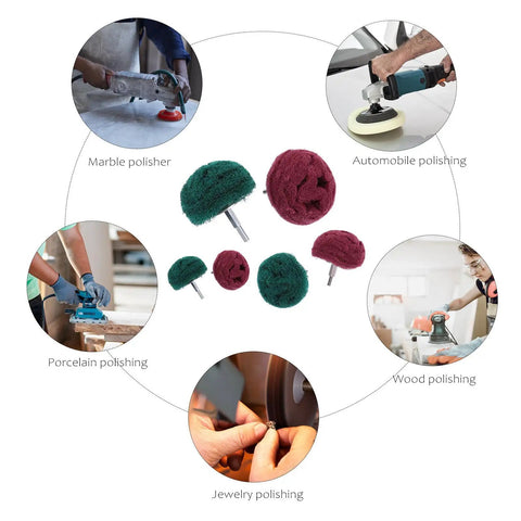 6 Piece Polishing Buffing Wheel Set With Easy Grip Handle For Wood And Metal, shown with various scouring pads for different surface polishing.
