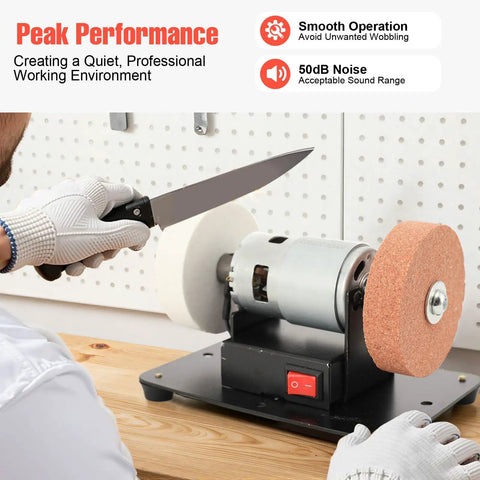 Mini Bench Grinder 96W, 7 Speed Adjustable Electric Tool With 3000 To 6000 Rpm Range Forward Reverse Switch And Smooth Operator Design Built Tough For Diy Hustles And Precision Sharpening Tasks, showing knife sharpening in use.