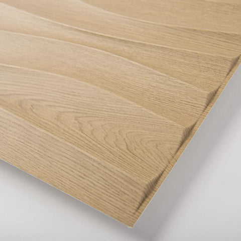 Close-up of PVC 3D Wave Wall Panels Wood Brown Texture for Interior Decor, showing detailed texture and lightweight, fire resistant material.