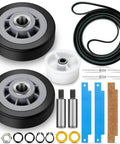 Dryer Drum Roller Kit With Durable Belt and Idler Pulley components, including wheels, belt, bearings, and hardware for Maytag dryers