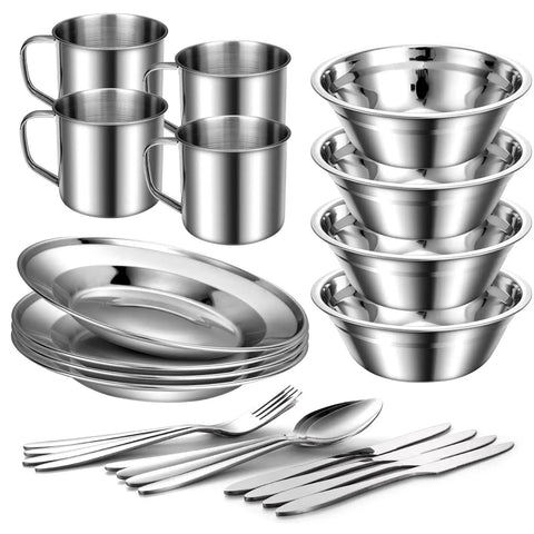 All In One 29 Piece Stainless Steel Camping Mess Kit For 4 With Bowls Plates Cups Forks Spoons And Knives In Durable Carry Case