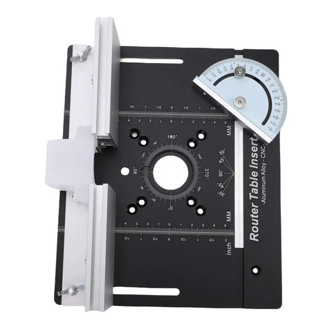 Heavy Duty Router Table Lift System With 51 Millimeter Stroke And Durable Aluminum Base, showing precise measuring indicators and insert slots.