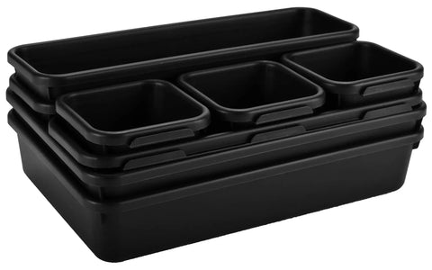 Interlocking Drawer Organizer Bins for Desk Toolbox or Garage, Durable Plastic Black 8 Piece Set, Customizable Layout, Keeps Drawers Neat, Easy Clean, Sturdy and Versatile for Any Workspace