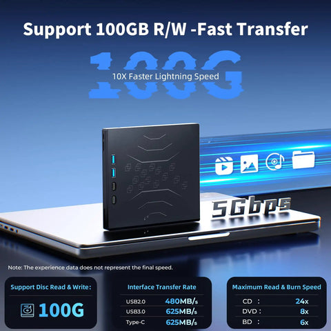 External Blu Ray Drive With 100GB Disc Read Write And 3D Blu Ray Burner Plug And Play Ready Reads Blu Ray At Up To 6X And DVDs At Up To 8X, front view