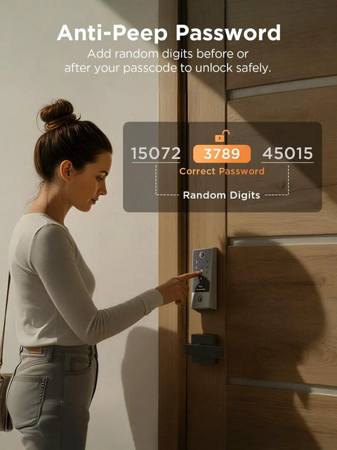 Woman using D2 Plus Smart Door Lock With Keyless Entry And 0.3Second AI Fingerprint Unlock Touchscreen Keypad Auto Lock Built In Doorbell.