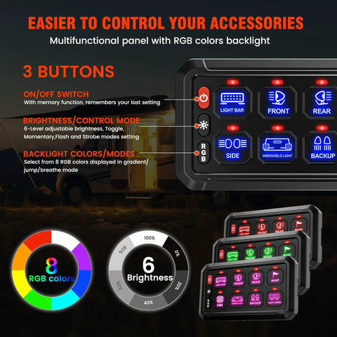 8 Gang Bluetooth RGB Switch Panel With Toggle Momentary Flash Strobe And Memory Function, waterproof relay box controls