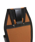 Four Pocket Rigid Tool Pouch With Tape Clip And Universal Fit Steel Clip For Tool Belts, close-up of steel clip and riveted seam