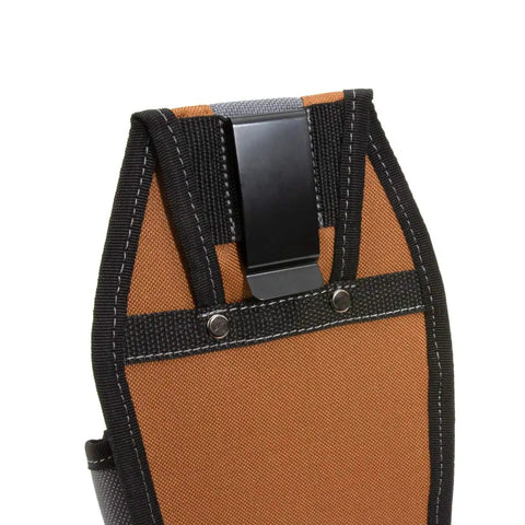 Four Pocket Rigid Tool Pouch With Tape Clip And Universal Fit Steel Clip For Tool Belts, close-up of steel clip and riveted seam