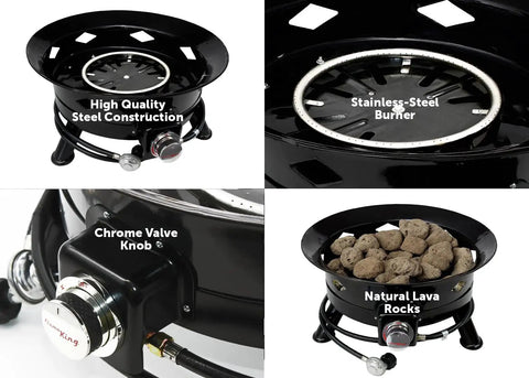 Smokeless 24 Inch Propane Fire Pit With Self Igniter 58K BTU Portable Outdoor Firebowl construction details and accessories.