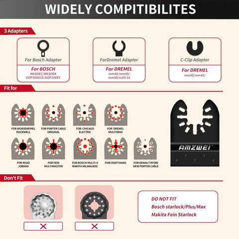Image showing compatibility adapters for Extended Reach Titanium Oscillating Tool Blades For Metal And Wood Cutting With 70 Mm Deep Plunge Design.