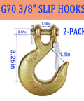 Close-up of 2 Pack Three Eighth Inch Clevis Slip Hooks With Safety Latch G70 Forged Steel for Trailer and Truck Towing Chains