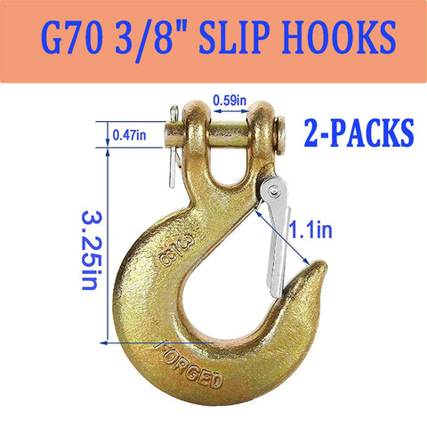 Close-up of 2 Pack Three Eighth Inch Clevis Slip Hooks With Safety Latch G70 Forged Steel for Trailer and Truck Towing Chains