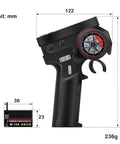 Side view of 10 Channel 2.4GHz RC Transmitter With Coach Mode, black, with dimensions and receiver shown, unit: mm, weight 236g.