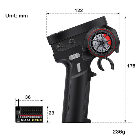 Side view of 10 Channel 2.4GHz RC Transmitter With Coach Mode, black, with dimensions and receiver shown, unit: mm, weight 236g.