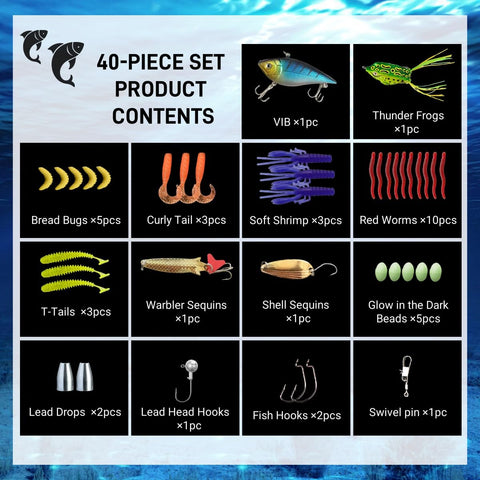 40 Piece Fishing Lures Kit Set With Crankbaits Spinnerbaits Plastic Worms Jigs Topwater Lures Tackle Box And More All In One Gear To Help You Catch More Fish