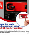 Close-up of 20 Pack Red Lockout Kit For Electrical Safety with circuit breaker lock and 8-32 hex key usage shown.