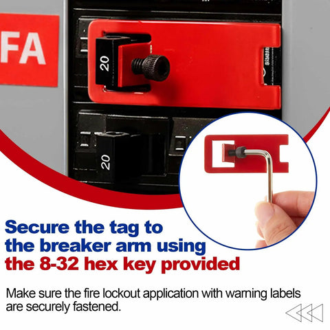 Close-up of 20 Pack Red Lockout Kit For Electrical Safety with circuit breaker lock and 8-32 hex key usage shown.