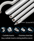 All In One 6 Piece Wood Lathe Turning Tools Set with carbide tipped tools and stainless steel bar, screw details shown