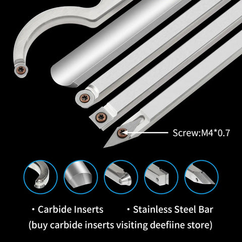 All In One 6 Piece Wood Lathe Turning Tools Set with carbide tipped tools and stainless steel bar, screw details shown
