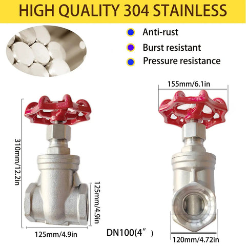 304 Stainless Steel Gate Valve 4 Inch NPT Female Threaded Rotary Valve For Water Flow Control In Sump Pumps And Air Compressors DN100