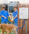 Two kids using Propane Tankless Water Heater For Outdoors On Demand Hot Water 1.32 GPM Portable Gas Heater for pet washing.
