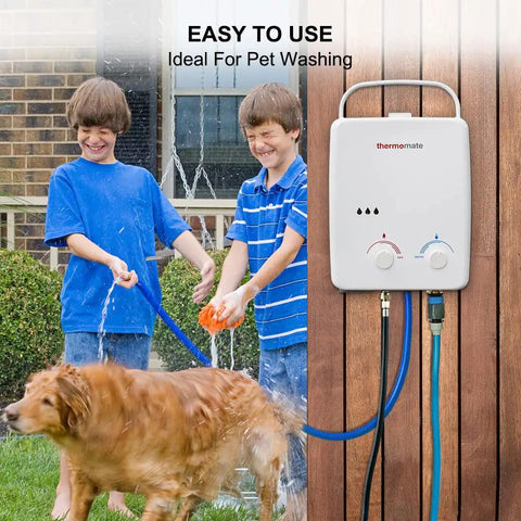 Two kids using Propane Tankless Water Heater For Outdoors On Demand Hot Water 1.32 GPM Portable Gas Heater for pet washing.