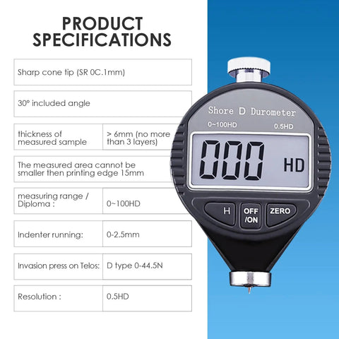 Portable Digital Durometer For D Hardness 0 To 100HD Range Pro Grade Tool For Rubber Tires Plastics Thermoplastics Flooring And Bowling Balls With Large LCD Display