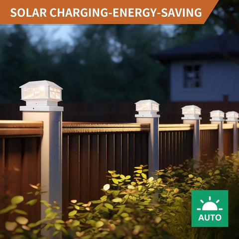 Solar Post Cap Lights Outdoor 20LM Waterproof Fence Cap Lights With 2 Modes illuminating fence posts at dusk