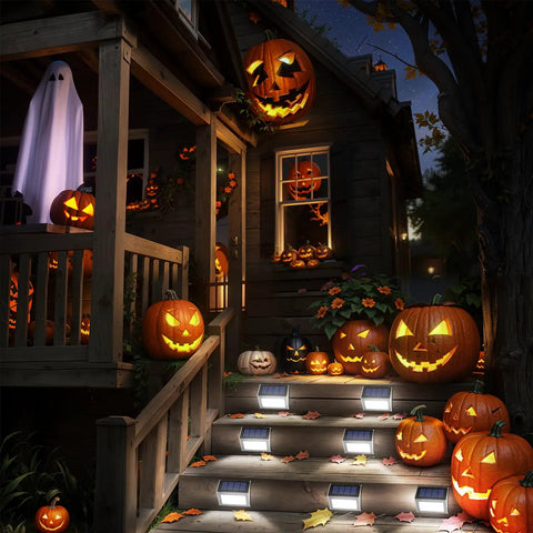 Halloween-decorated porch and steps with pumpkins and ghosts, illuminated by Outdoor Solar Deck Lights 6 Pack Waterproof Fence Post Lights For Backyard Patio Stair Wall Lighting With 3 LED Cool White Beams Solar Powered Panels For Quick Charging And No Fuss Install Up To 8 Hours Of Bright Illumination.