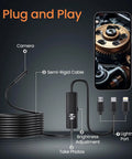 HD Endoscope Camera With Light 1920P Borescope, 7.9mm slim probe, 16.4ft semi-rigid cable, shown with connectors and smartphone