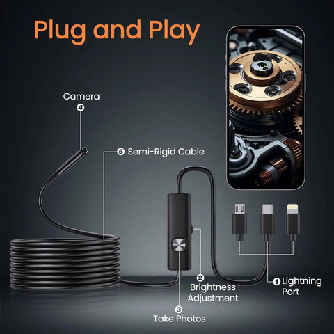 HD Endoscope Camera With Light 1920P Borescope, 7.9mm slim probe, 16.4ft semi-rigid cable, shown with connectors and smartphone