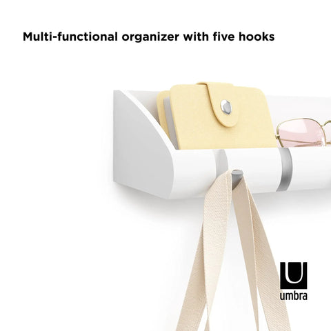 Cubby Entryway Organizer With Mail, Phone, And Wallet Compartment Plus Five Flip Up Hooks For Keys And Small Accessories, White Keeps Everyday Essentials Within Reach And Tidy, showing close-up of mail and glasses on shelf.