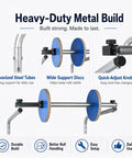 Pro Level Commercial Wall Mounted Foam Wrap Roll Dispenser For Heavy Shipping Packing And Moving With Ridiculously Strong Galvanized Steel Film Rack with blue support discs and quick-adjust knobs.