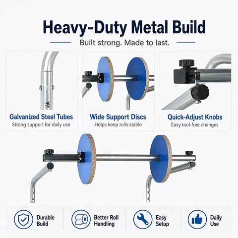 Pro Level Commercial Wall Mounted Foam Wrap Roll Dispenser For Heavy Shipping Packing And Moving With Ridiculously Strong Galvanized Steel Film Rack with blue support discs and quick-adjust knobs.