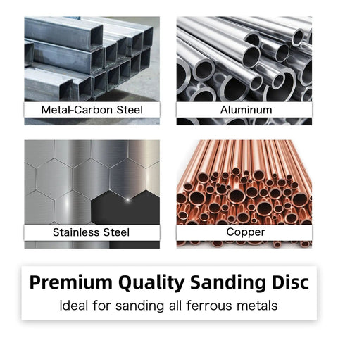 Metal-carbon steel, aluminum, stainless steel, and copper materials displayed as ideal for premium quality sanding disc.