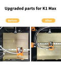 Before and after image of a 3D printer upgraded with K1 Max Drag Chain Cable Carrier for improved cable management.