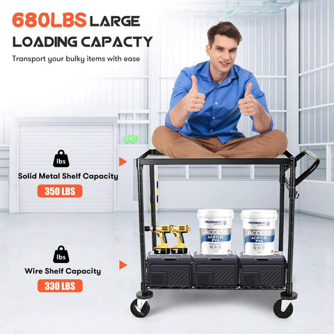 Heavy Duty Rolling Utility Cart With 680 Lbs Capacity, 2 Tier Metal Trolley On Wheels in garage with man seated on top
