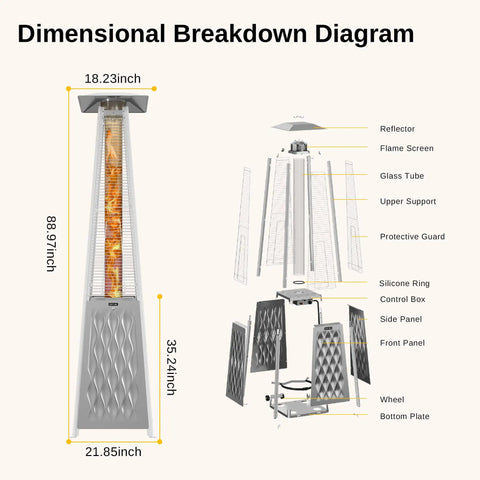 Dimensional breakdown of Powerful 48,000 BTU Pyramid Patio Heater With All Stainless Steel Construction Quartz Glass Tube.