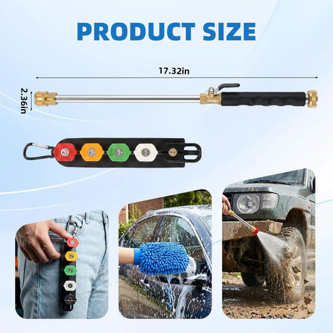 Beast Mode Power Washer Hose Attachment with size and 5 Quick Connect Nozzles shown for car washing and patio cleaning.